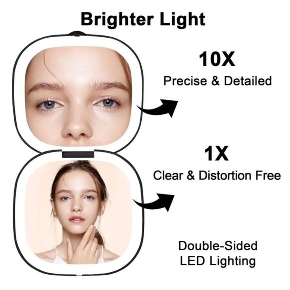 Compact Black Portable Lighted LED Makeup Mirror 1X/10X Magnification NEW - Picture 3 of 8